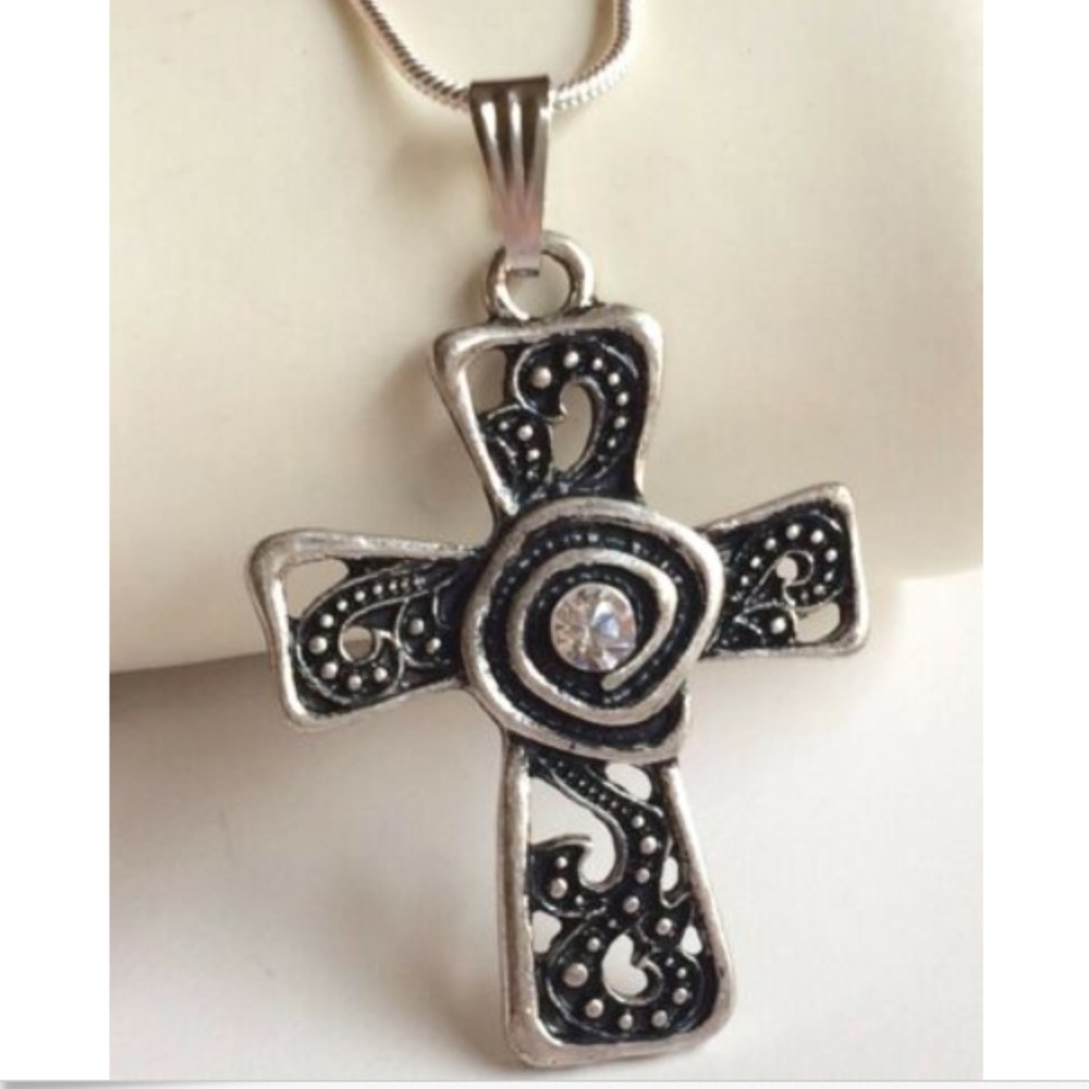 Vintage Celtic Cross Necklace 22" Silver Plated Crystal Christian Baptism Gift